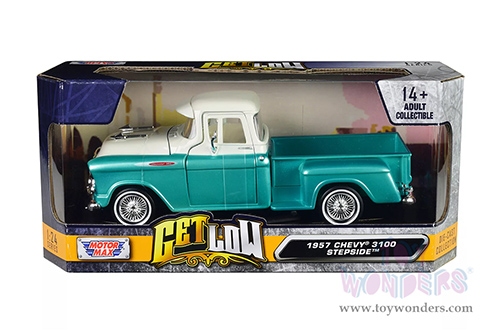 Motormax Get Low - Chevrolet® 3100 Stepside™ Pickup Truck (1957, 1/24 scale diecast model car, Turquoise/White) 79032WL