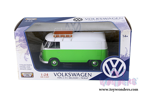 Motormax - Volkswagen Type 2 (T1) Delivery Van with Roof Rack (1/24 scale diecast model car, Green/White) 79551WTGRN