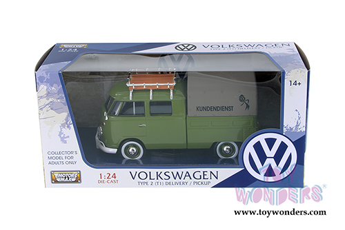 Motormax - Volkswagen Type 2 (T1) Delivery Van with Roof Rack and Tarpaulin Cover (1/24 scale diecast model car, Green) 79554GRN