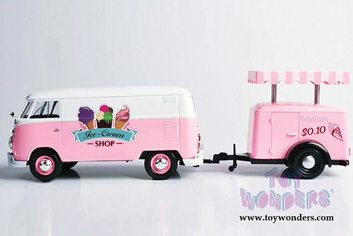 Motormax - Volkswagen Type 2 (T1) Delivery Van with Ice-Cream Trailer (1/24 scale diecast model car, Pink) 79672