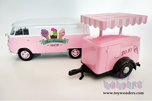 Motormax - Volkswagen Type 2 (T1) Delivery Van with Ice-Cream Trailer (1/24 scale diecast model car, Pink) 79672