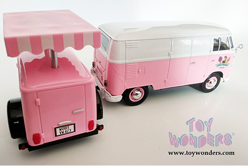 Motormax - Volkswagen Type 2 (T1) Delivery Van with Ice-Cream Trailer (1/24 scale diecast model car, Pink) 79672