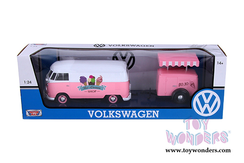 Motormax - Volkswagen Type 2 (T1) Delivery Van with Ice-Cream Trailer (1/24 scale diecast model car, Pink) 79672