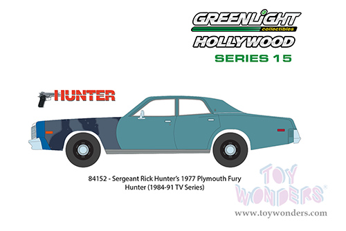 Greenlight Hollywood Series 15 | Plymouth Fury Unrestored (Sergeant Rick Hunter's) "Hunter" (1977, 1/24 scale diecast model car, Turquoise) 84152
