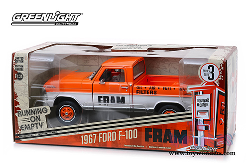 Greenlight - Running on Empty Series 3 | Ford F-100 Pickup Truck - FRAM Oil Filters (1967, 1/24 scale diecast model car, Orange/White) 85042