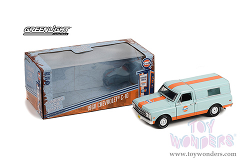 Greenlight - Running on Empty Series 5 | Chevrolet&reg; C-10 Pickup Truck with Camper Gulf Oil (1968, 1/24 scale diecast model car, Light Blue with Orange Stripes) 85062