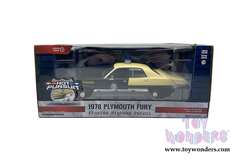 Greenlight - Plymouth Fury Florida Highway Patrol Hot Pursuit Series 1 (1978, 1/24 scale diecast model car, Black/Yellow) 85512/12