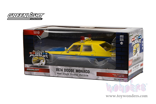 Greenlight - Dodge Monaco New York State Police (NYSP) Hot Pursuit Series 5 (1974, 1/24 scale diecast model car, Blue/Yellow) 85551