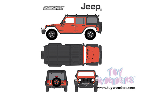 Greenlight - All Terrain Jeep Wrangler Unlimited Willy’s Wheeler Edition with Off-Road Bumpers and Roll Cage (2015, 1/43 scale diecast model car, Sunset Orange Metallic) 86088