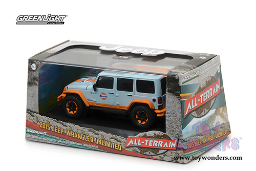 Greenlight - All Terrain Jeep Wrangler Unlimited Gulf Oil with Off-Road Bumpers (2015, 1/43 scale diecast model car, Blue w/Orange) 86089