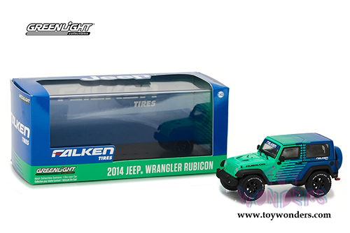 Greenlight - Jeep Wrangler Rubicon Falken Tires (2014, 1/43 scale diecast model car, Green w/Blue) 86090