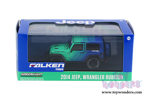 Greenlight - Jeep Wrangler Rubicon Falken Tires (2014, 1/43 scale diecast model car, Green w/Blue) 86090
