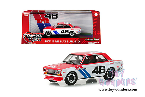 Greenlight -  Tokyo Torque BRE (Brock Racing Enterprises) #46 Datsun 510 Hardtop (1971, 1/43 scale diecast model car, Red/White) 86335