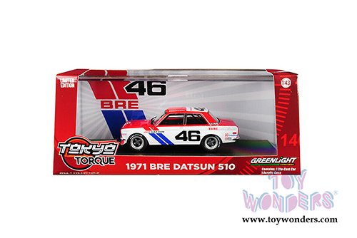 Greenlight -  Tokyo Torque BRE (Brock Racing Enterprises) #46 Datsun 510 Hardtop (1971, 1/43 scale diecast model car, Red/White) 86335