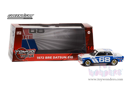 Greenlight - Tokyo Torque BRE (Brock Racing Enterprises) #68 Datsun 510 Guest Car - Peter Gregg (1972, 1/43 scale diecast model car, Blue/White) 86346