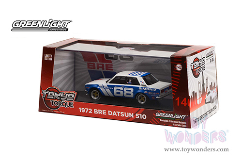 Greenlight - Tokyo Torque BRE (Brock Racing Enterprises) #68 Datsun 510 Guest Car - Peter Gregg (1972, 1/43 scale diecast model car, Blue/White) 86346