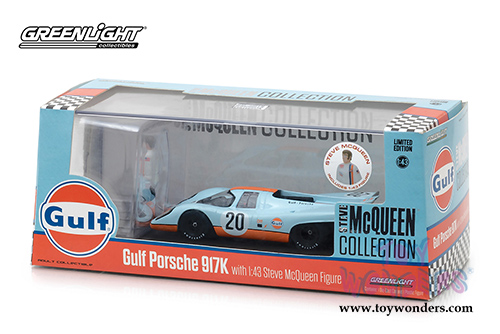 Greenlight - Porsche 917K Gulf  #20 with Steve McQueen Figurine (1970, 1/43 scale diecast model car, Light Blue w/ Orange Stripes) 86435