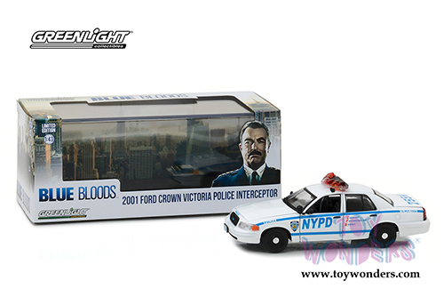 Greenlight Hollywood - Blue Bloods Ford Crown Victoria Interceptor - New York City Police Dept (NYPD) (2001, 1/43 scale diecast model car, White/Blue) 86519