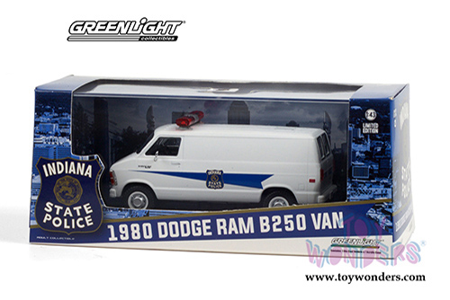 Greenlight - Dodge Ram B250 Van Indiana State Police (1980, 1/43 scale diecast model car, Blue/White) 86599