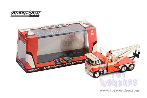  Greenlight - Freightliner FLA 9664 Tow Truck (1984, 1/43 scale diecast model car, Orange/White/Brown) 86631