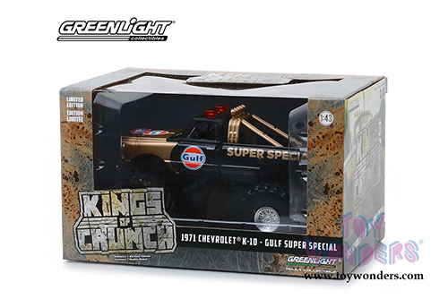 Greenlight - Kings of Crunch Series 1 | Chevrolet® K-10 Gulf® Super Special Monster Truck (with 66-inch Tires) (1971, 1/43 scale diecast model car, Black/Gold) 88013