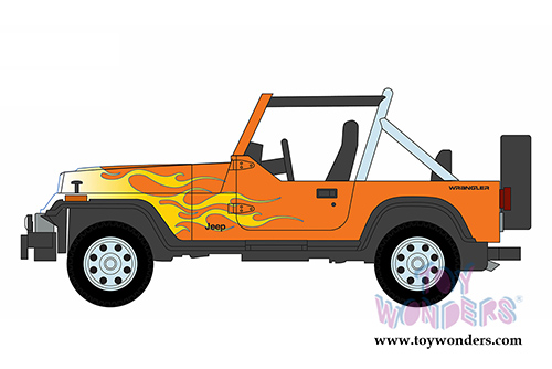 Greenlight - Motor World Series 17 | Jeep&reg; Wrangler (1991, 1/64 scale diecast model car, Orange with Yellow flames) 96170D/48