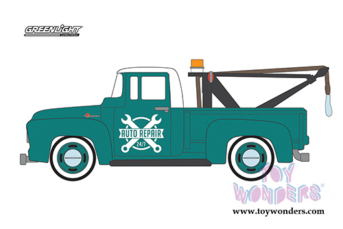 Greenlight - The Hobby Shop Series 2 | Ford F-100 Green with Drop-in Tow Hook Truck (1956, 1/64 scale diecast model car, Green) 97020A/48