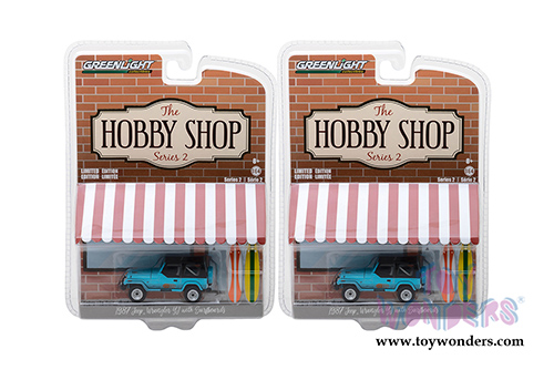 Greenlight - The Hobby Shop Series 2 | Jeep Wrangler YJ with Surfboard (1987, 1/64 scale diecast model car, Blue) 97020C/48