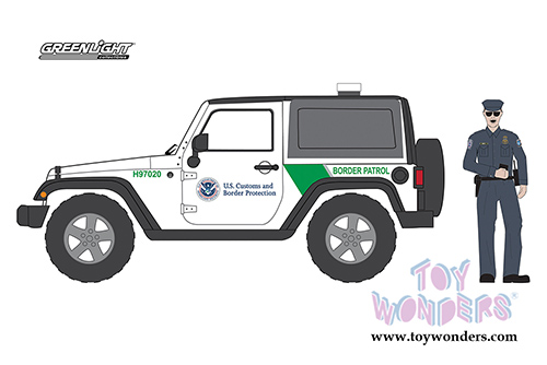 Greenlight - The Hobby Shop Series 2 | Jeep Wrangler US Customs and Border Protection with Officer Figure (2016, 1/64 scale diecast model car, White) 97020E/48