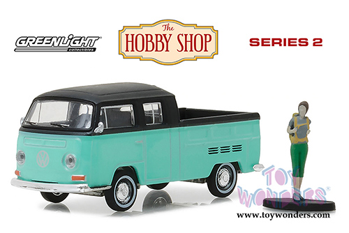 Greenlight - The Hobby Shop Series 2 | Volkswagen Type 2 Crew Cab Pick-Up "Doka" with Backpacker (1/64 scale diecast model car, Turquoise/Black) 97020F/48