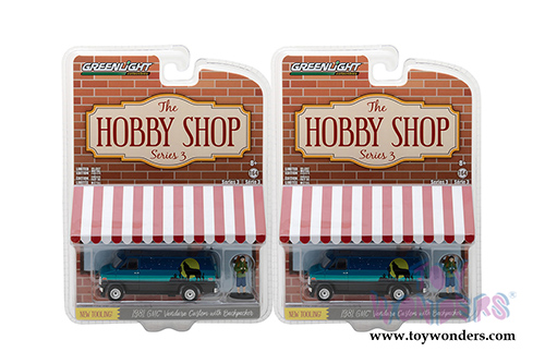Greenlight - The Hobby Shop Series 3 | GMC&reg; Vandura Custom with Backpacker (1981, 1/64 scale diecast model car, Blue) 97030C/48