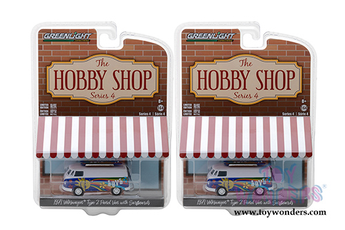 Greenlight - The Hobby Shop Series 4 | Volkswagen Type 2 Panel Van with Surfboards (1971, 1/64 scale diecast model car, White/Blue) 97040C/48