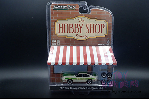 Greenlight - The Hobby Shop Series 5 | Ford Mustang II Cobra II and Spare Tires (1978, 1/64 scale diecast model car, White/Green) 97050E/48