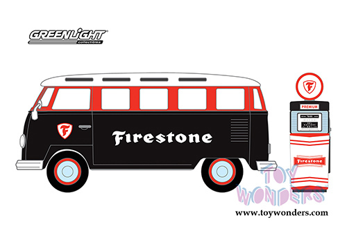 Greenlight - The Hobby Shop Series 6 | Volkswagen Samba Bus with Firestone Gas Pump (1964, 1/64 scale diecast model car, Red/Black) 97060A/48