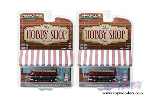 Greenlight - The Hobby Shop Series 6 | Volkswagen Samba Bus with Firestone Gas Pump (1964, 1/64 scale diecast model car, Red/Black) 97060A/48