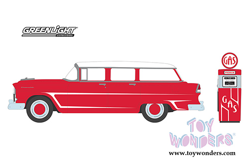 Greenlight - The Hobby Shop Series 7 | Chevrolet&reg; Two-Ten Townsman with Vintage Gas Pump (1955, 1/64 scale diecast model car, Red) 97070A/48