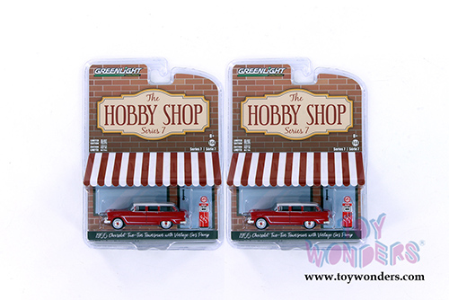 Greenlight - The Hobby Shop Series 7 | Chevrolet&reg; Two-Ten Townsman with Vintage Gas Pump (1955, 1/64 scale diecast model car, Red) 97070A/48