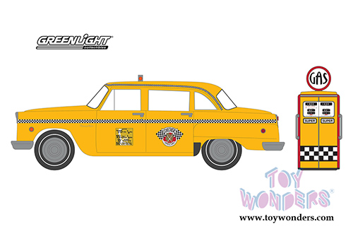 Greenlight - The Hobby Shop Series 7 | Checker Motors Marathon A11 Taxi with Vintage Gas Pump (1978, 1/64 scale diecast model car, Yellow) 97070E/48