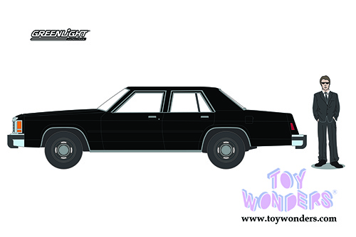 Greenlight - The Hobby Shop Series 10 | Ford LTD Crown Victoria with Man in Black Suit (1987, 1/64 scale diecast model car, Black) 97100E/48