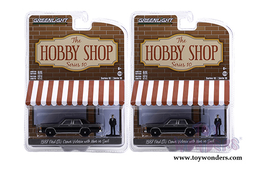 Greenlight - The Hobby Shop Series 10 | Ford LTD Crown Victoria with Man in Black Suit (1987, 1/64 scale diecast model car, Black) 97100E/48