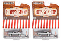 Show product details for Greenlight - The Hobby Shop Series 12 | Ford Mustang Coupe Ghia and Woman in a Dress Figurine (1979, 1/64 scale diecast model car, Silver Metallic) 97120B/48