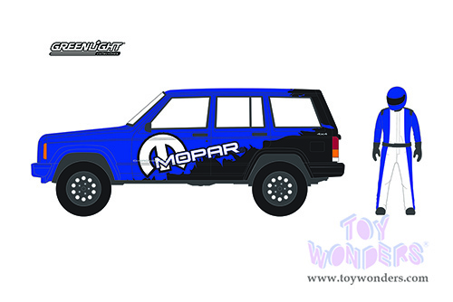 Greenlight - The Hobby Shop Series 12 | Jeep&reg; Cherokee Sport Off-Road "Mopar" and Race Car Driver Figurine (2001, 1/64 scale diecast model car, Blue/Black) 97120E/48