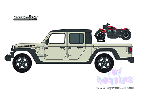 Greenlight - The Hobby Shop Series 12 | Jeep&reg; Gladiator Rubicon Pickup Truck and 2020 Indian Scout Bobber Icon Series Motorcycle (2020, 1/64 scale diecast model car, Beige/Black) 97120F/48