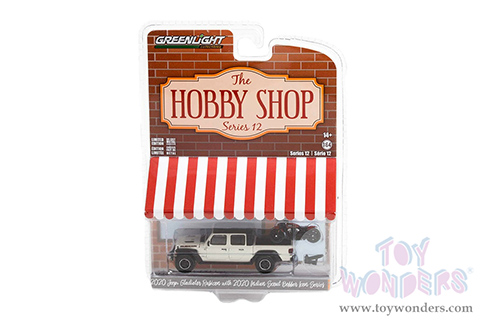 Greenlight - The Hobby Shop Series 12 | Jeep&reg; Gladiator Rubicon Pickup Truck and 2020 Indian Scout Bobber Icon Series Motorcycle (2020, 1/64 scale diecast model car, Beige/Black) 97120F/48