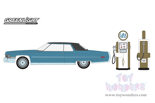 Greenlight - The Hobby Shop Series 13 | Cadillac&reg; Coupe deVille with Vintage Gas Pump (1972, 1/64 scale diecast model car, Blue with Black top) 97130A/48