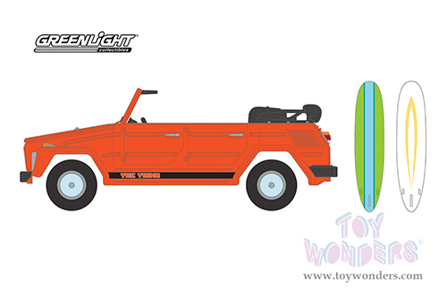 Greenlight - The Hobby Shop Series 14 | Volkswagen Thing (Type 181) "The Thing" and Surfboards (1971, 1/64 scale diecast model car, Orange with Black Stripes) 97140C/48