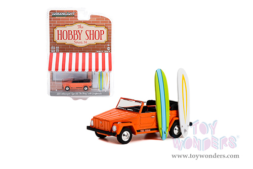 Greenlight - The Hobby Shop Series 14 | Volkswagen Thing (Type 181) "The Thing" and Surfboards (1971, 1/64 scale diecast model car, Orange with Black Stripes) 97140C/48