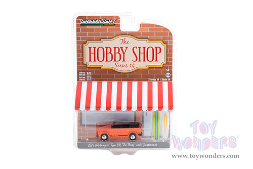 Greenlight - The Hobby Shop Series 14 | Volkswagen Thing (Type 181) "The Thing" and Surfboards (1971, 1/64 scale diecast model car, Orange with Black Stripes) 97140C/48