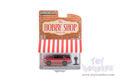 Greenlight - The Hobby Shop Series 14 | Chevrolet® Tahoe LT Texas Edition with Man in Suit (2022, 1/64 scale diecast model car, Red Metallic) 97140F/48