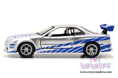 Jada Toys Fast & Furious - Brian's Nissan Skyline GT-R Hard Top (1/32 scale diecast model car, Silver w/Blue stripes) 97184